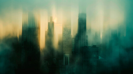 The city's heartbeats through a blurred scene, skyscrapers and buildings melding into a hazy tapestry of urban life and ceaseless energy. Banner. Copy space. - obrazy, fototapety, plakaty