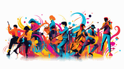 A dynamic pattern of musical instruments and dancer
