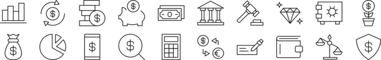 Banking Linear vector icons collection. Editable stroke. Simple linear illustration for web sites, newspapers, articles book