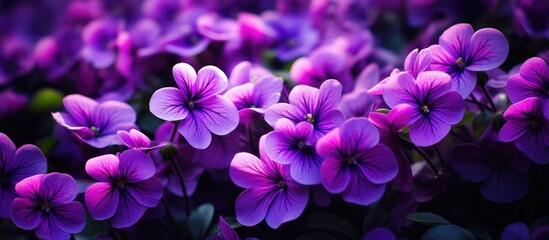 A vibrant display of purple flowers, including violet and magenta hues, cover the ground as a...
