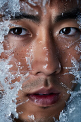 A handsome model face is covered with ice