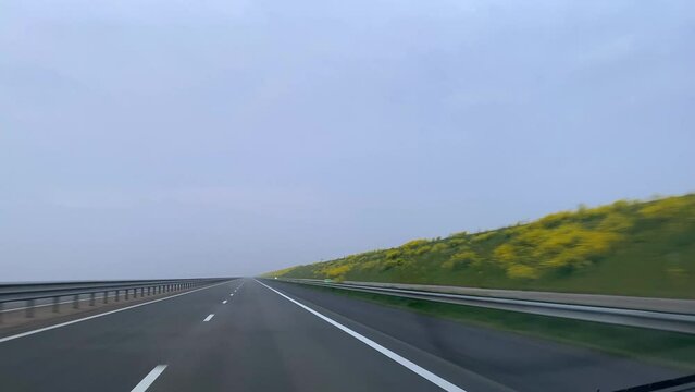 driving across the Afsluitdijk,  a long dike in The Netherlands, Holland between sea and lake. Tarmac with green dike and rapeseed flowers