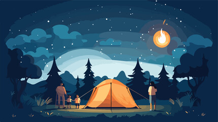 A family going camping with a tent campfire  - obrazy, fototapety, plakaty