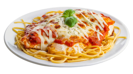 Chicken Parmesan Spaghettion a plate isolated on transparent png background. Generative ai 