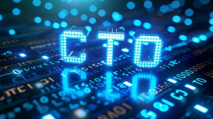 blue matrix binary code forms the acronym CTO , symbolizing the concept of Chief Technology Officer.
