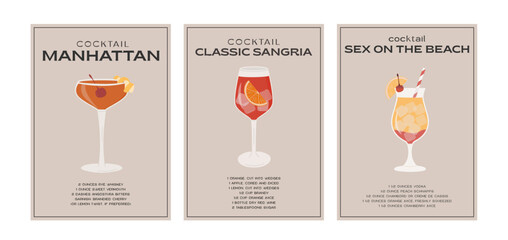 Sangria, Sex on the beach and Manhattan Cocktail. Classic alcohol beverage recipe with ingredients. Modern trendy graphic print. Minimalist simple poster set with garnished drink. Vector illustration.