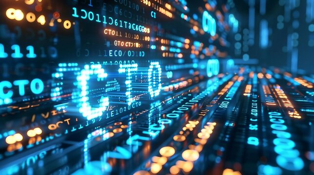 blue matrix binary code forms the acronym CTO , symbolizing the concept of Chief Technology Officer.
