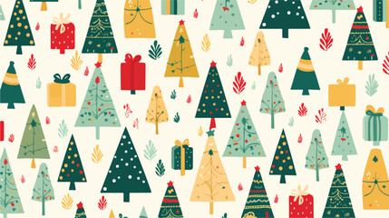 A festive pattern of Christmas trees and presents 