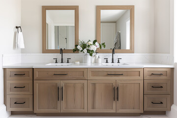 A bathroom with a white oak vanity cabinet, black faucets, white marble countertop, and white oak framed mirrors.