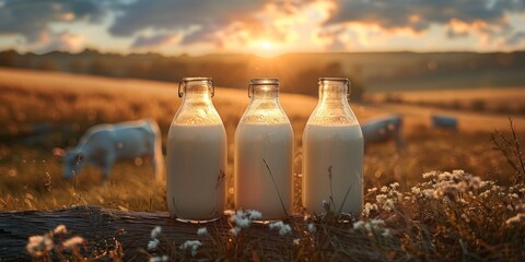Bottles of fresh milk on a pasture with grazing cows - obrazy, fototapety, plakaty