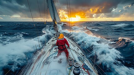 Beautiful view of a racing sailboat in the ocean - 758381135