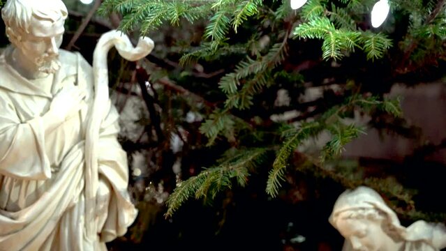 Tilt Down Close up Christmas tree and Nativity Scene Williamsburg BK NYC 4k