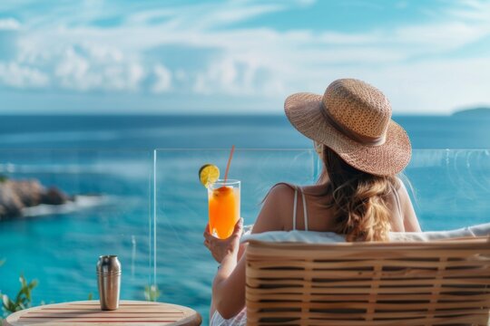 A woman relaxing on the hotel terrace with her cocktail, enjoying beautiful sea view Generative AI