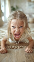 Funny toddler tantrum shouting with a very angry face - 758381327