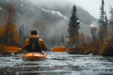 Kayaking down a rapid river in the mountains - obrazy, fototapety, plakaty