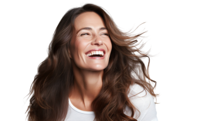 Portrait of happy mature woman with long brown hair smiling and laughing, isolated on transparent cut out