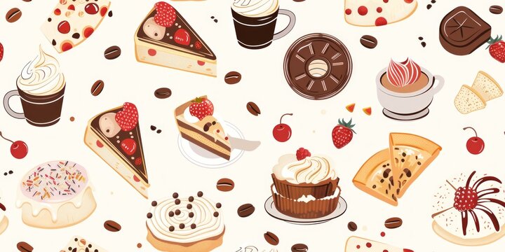 Indulgent Cuisine Pattern: Seamless display of cakes, coffee, and pizza delights.