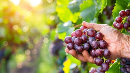 Close up of hand holding grapes, selecting fresh grapes with blurred background and copy space