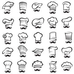 collection of monochrome mustachioed chef isolated on white background