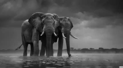 Foto op Aluminium A black and white picture of a couple of elephants on Black Background Generative AI  © xpert