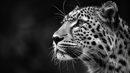 A close up black and white portrait of a leopard, Close up big leopard isolated on black background, Generative Ai  - obrazy, fototapety, plakaty