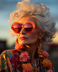 Older woman with crazy gray curly hair, big flashy sunglasses, at the beach during sunset, warm gentle colors, and a cheerful atmosphere.