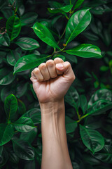 A closeup shot of a fist up in the air to fight for your right