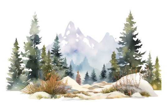 landscape landscape watercolor winter illustration nature snow winter forest element trees background hand trees mountains white wild bush hills nature drawn snow fir north