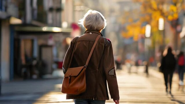 Elderly woman with short gray hair in a brown leather jacket walks along the street on a sunny day
