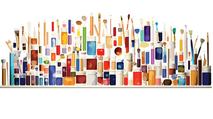 A geometric pattern of art supplies like paint tube