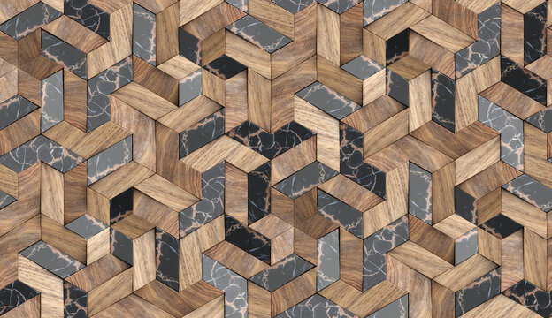 3D Wallpaper mosaic of solid wood particles and luxury black marble