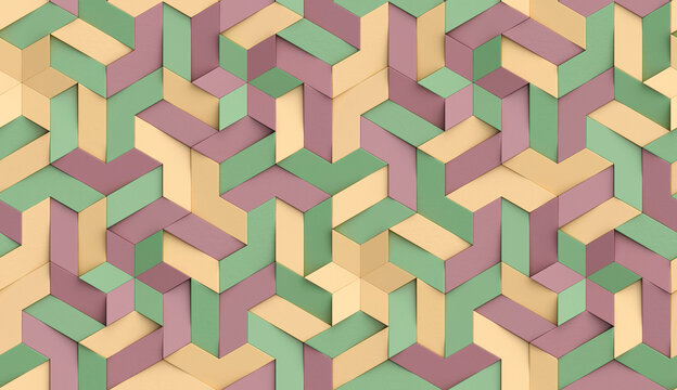 3D Wallpaper origami mosaic of colored particles green, yellow and brown color tones High quality seamless realistic texture