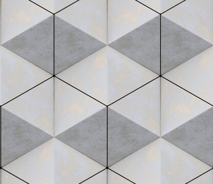 3D wall of old stucco triangles in the loft style assembled in hexagons and seamless ornament