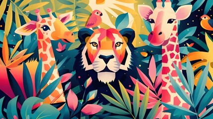Abstract animal pattern design, geometric giraffe and lion  in exotic tropical jungle, watercolor illustration wallpaper digital art decor