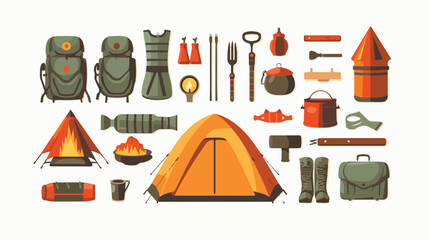 A geometric pattern of camping essentials like tent - obrazy, fototapety, plakaty