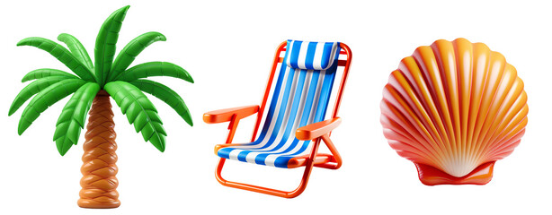 Set of 3d summer beach vacation and relaxation icons on transparent background