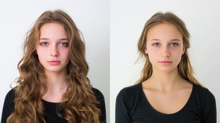 Transformation: Woman Before and After Makeup on White Background
