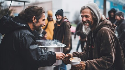Volunteers giving food to homeless