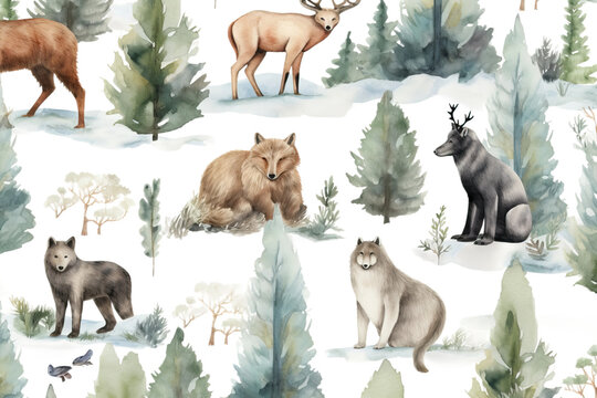 print drawn seamless forest image animals white watercolor trees pattern wild rabbit hand forest tixtile bear fir wolf mountains fabric paper pattern seamless badger background