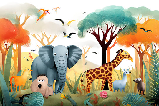 animals jungle wild colorful leaves background savanna kids cartoon animals safari adventure watercolor trees baby cute african exotic style vector