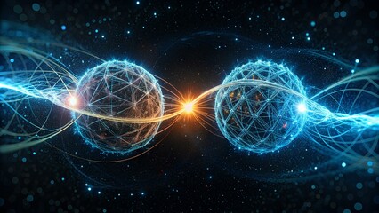 Bridging Classical and Quantum Realms: Harnessing Entanglement in Particle Design to Illuminate Non-Local Quantum Connections Through Glowing Threads and Wave Patterns - obrazy, fototapety, plakaty