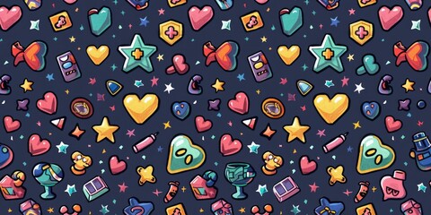 Whimsical Pixel Delight: Seamless tile pattern showcasing pixel art hearts, stars, and iconic video game characters, offering a whimsical delight.