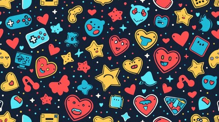 Pixel Fantasy Funland: Seamless pattern with pixel art hearts, stars, and whimsical video game characters, creating a fantastical funland for gaming enthusiasts.