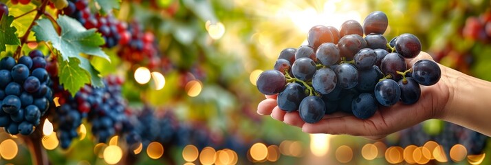 Hand holding ripe grapes with selective focus, blurred grape background, ideal for text placement - obrazy, fototapety, plakaty