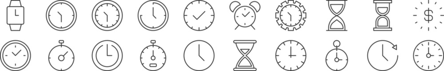 Clock as time linear vector icons collection. Editable stroke. Simple linear illustration for web sites, newspapers, articles book