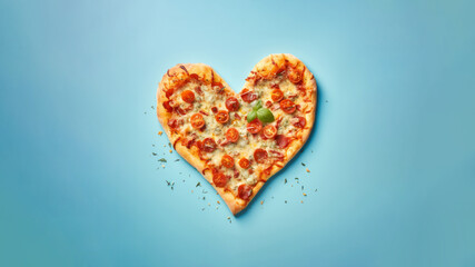 Romantic juicy pizza in a creative heart shape, on a soft blue background, for food enthusiasts, in the spirit of Valentine's Day.