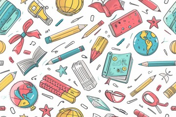 Learning Tools Repeat: Seamless Pattern with School Pencils, Books, and Globes in Repetition