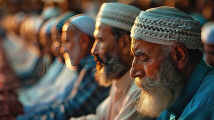 Fototapeta na wymiar Close-Up Muslim People Pray in Islamic Ceremony in Mosque During Islamic Ramadan 