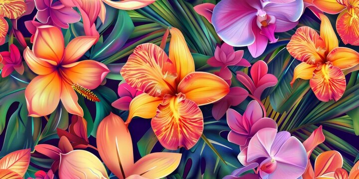 Tropical Paradise Bloom: Seamless Pattern with Vibrant Orchids and Plumeria Flowers