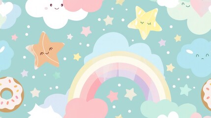 Sweet Skies: Seamless Patterns of Clouds, Rainbows, Stars, and Donuts